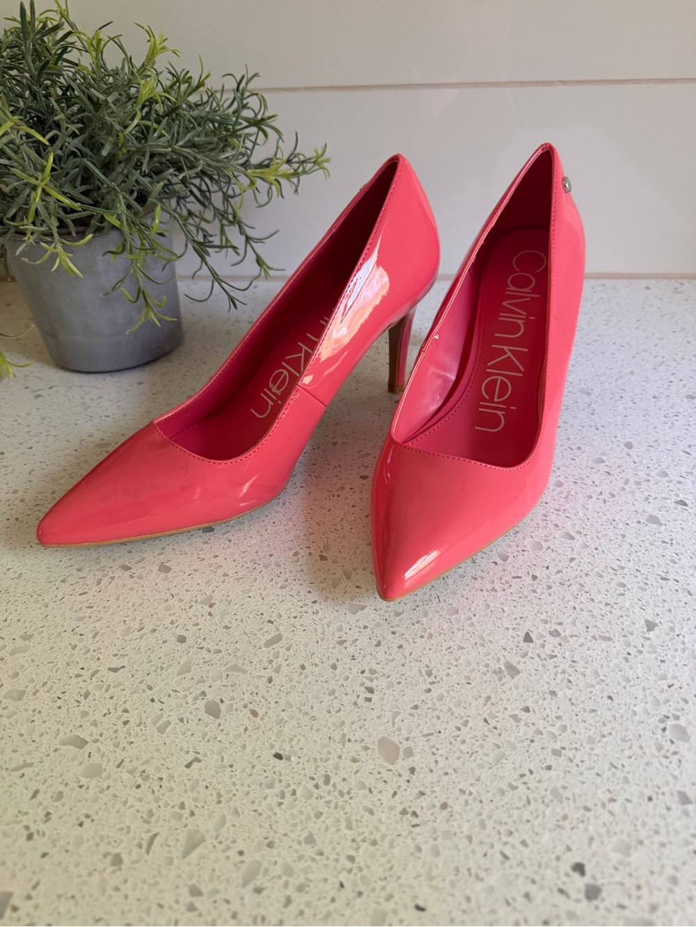 Calvin Klein Coral Pink Patent Pointed-Toe Pumps